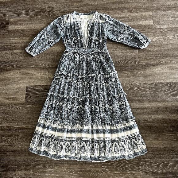 EUC Cleobella Dalia Midi Dress Blue Gray Rishi Block Print Boho Cotton Small (S) - Picture 3 of 16